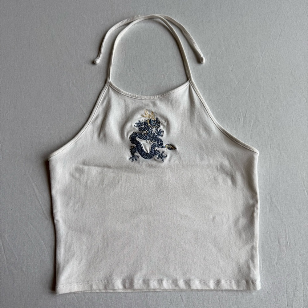 Brandy Melville John Galt White Embroidered Dragon Halter Top
